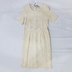 Brand New Nina Ricci Ecru Lace Dress Size 46/12 W/ Embroidered Floral Detailing
